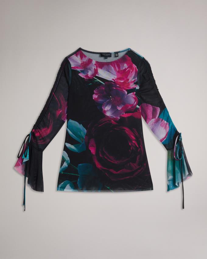 Hauts Ted Baker Floral Mesh With Fluted Sleeve Noir Femme | ZDY-44723265